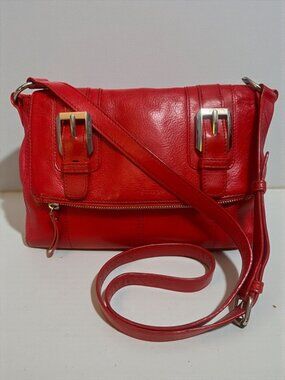B Makowsky Fold Over Cherry Red Pebbled Leather Crossbody Bag Adjustable Strap